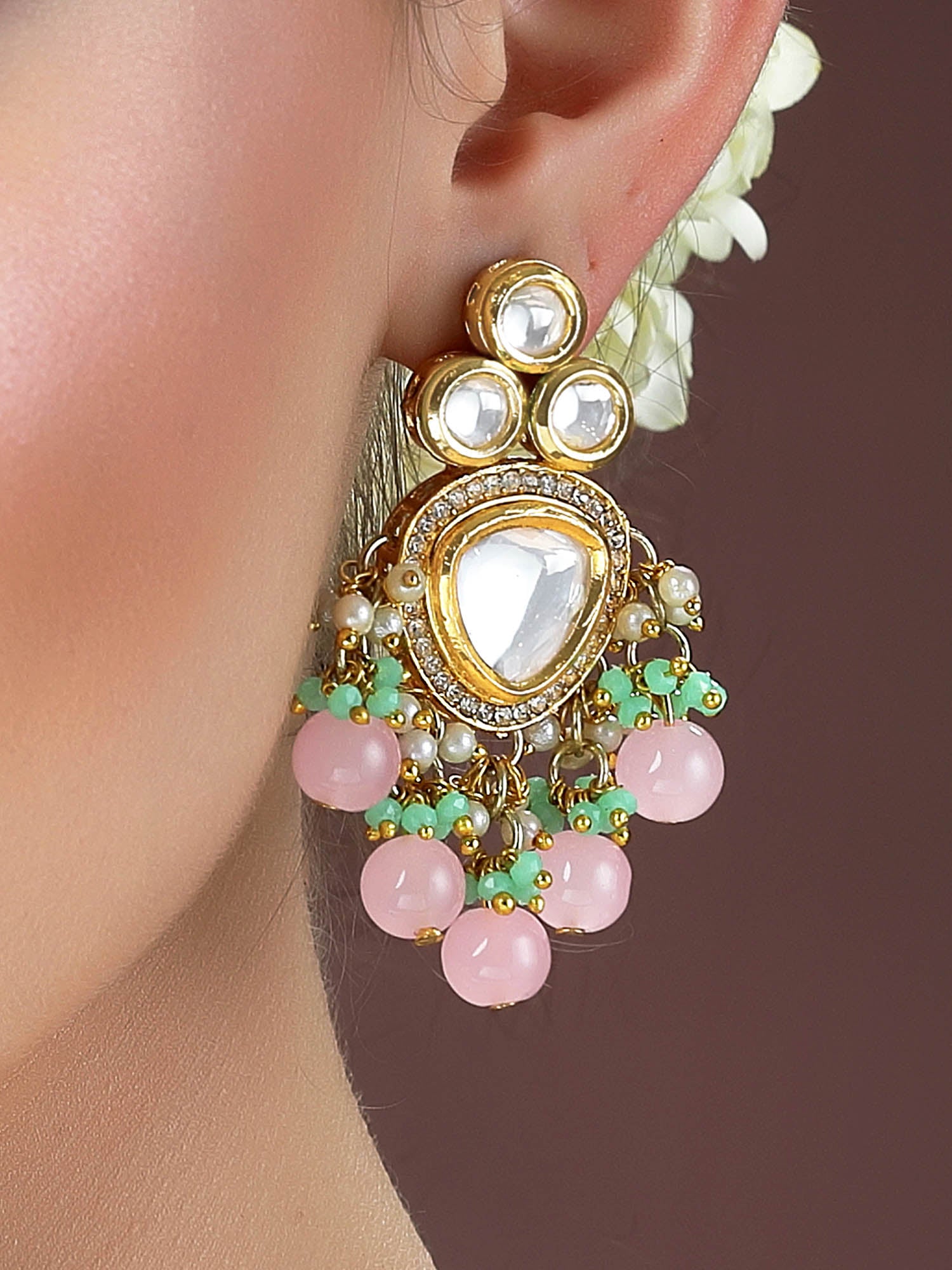 Karatcart Gold Plated Pink Beads Lime Green Crystals Kundan Drop Earrings for Women - Image 1