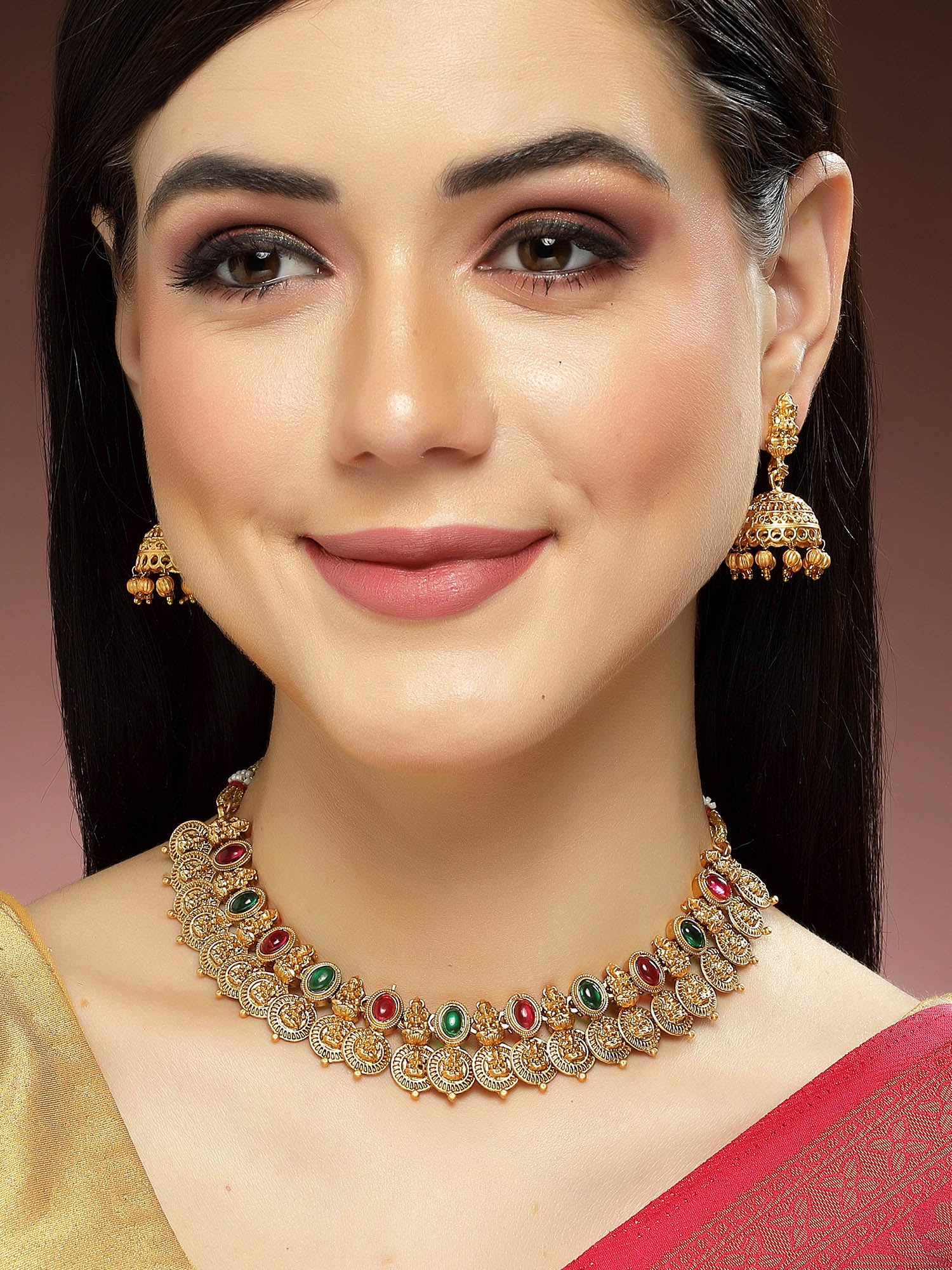 Karatcart Gold Plated Red & Green Stones Classic Laxmi Mata Temple Jewellery Set for Women - Image 1