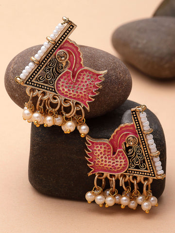 Karatcart Gold Plated Pink Meena Peacock Design Stud Earrings for Women