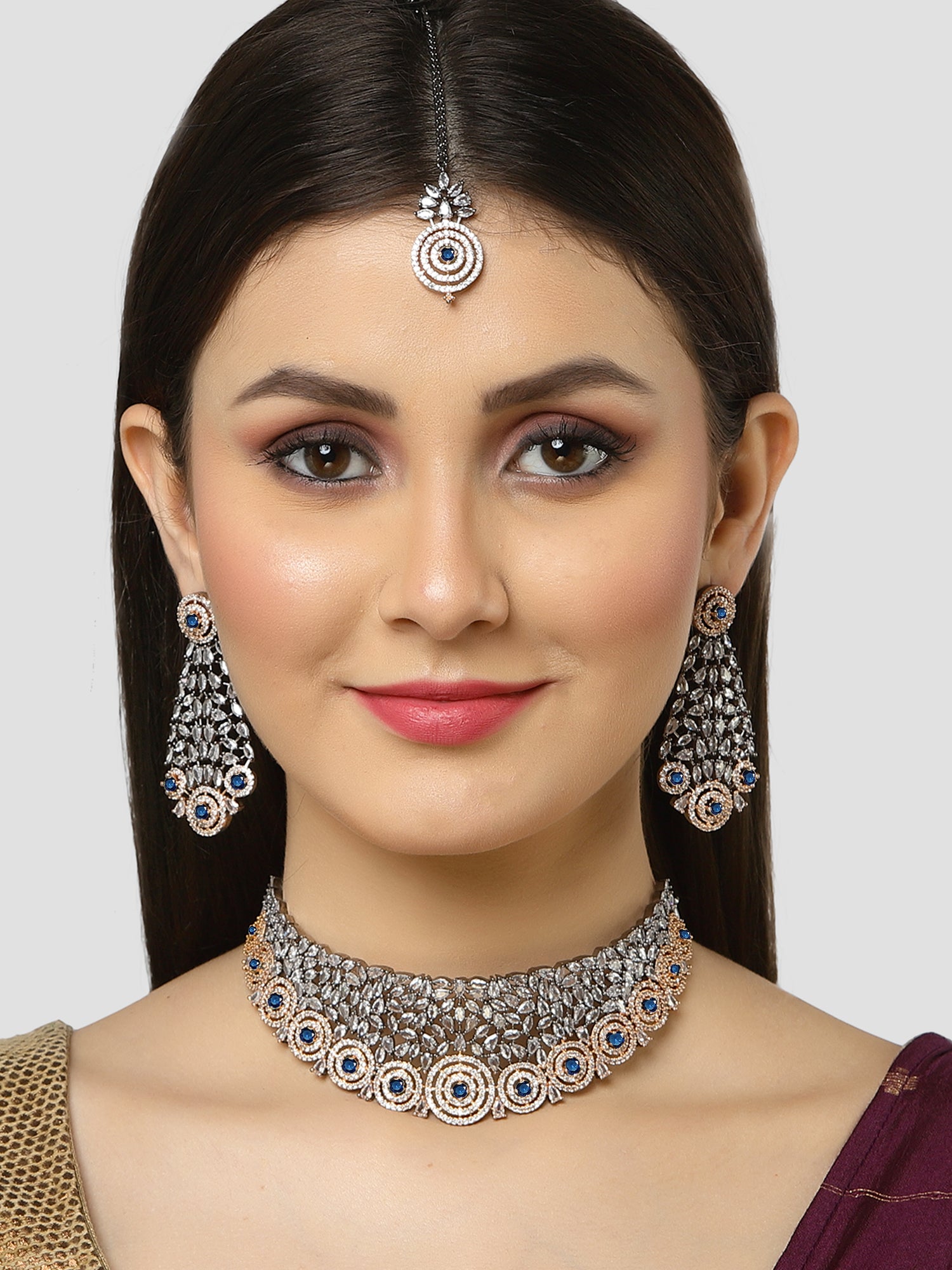 Karatcart Rose Gold Plated Blue Cubic Zirconia Studded Choker Necklace Set for Women - Image 1