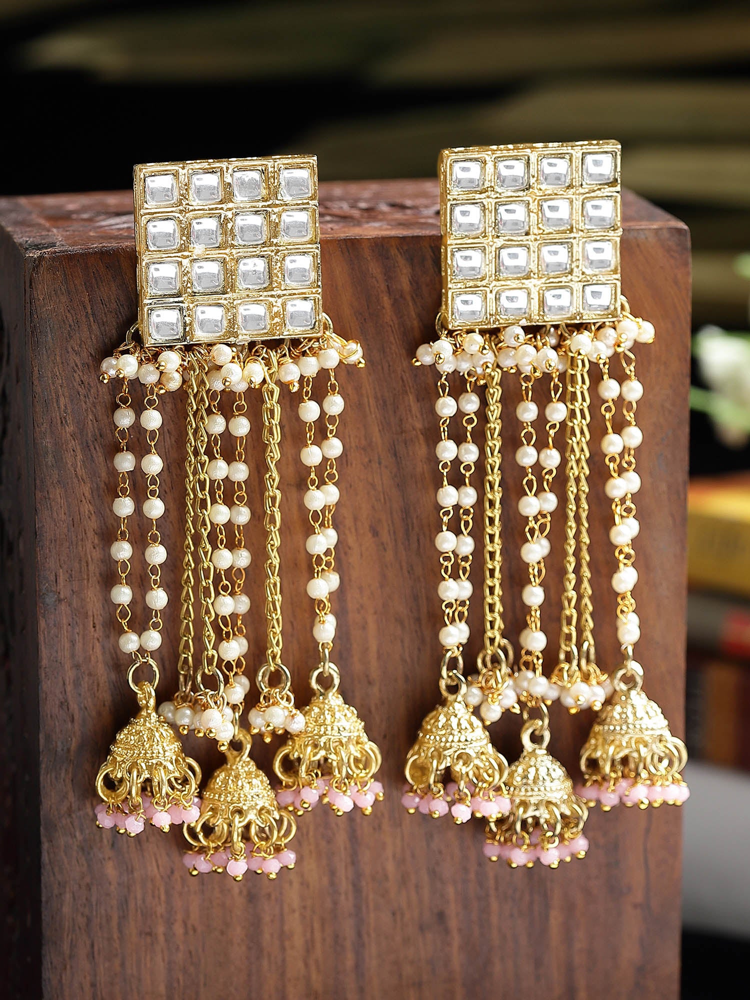 Karatcart Gold Plated Square Kundan Jhumki and Pearl Chain Drop Earrings for Women - view 3