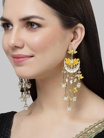 Karatcart Gold Plated Yellow Meena Lotus Design Kundan Dangler Earring for Women