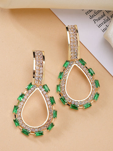 Bohey by KARATCART Gold-Plated Green Cubic Zirconia Studded Drop Earrings for Women