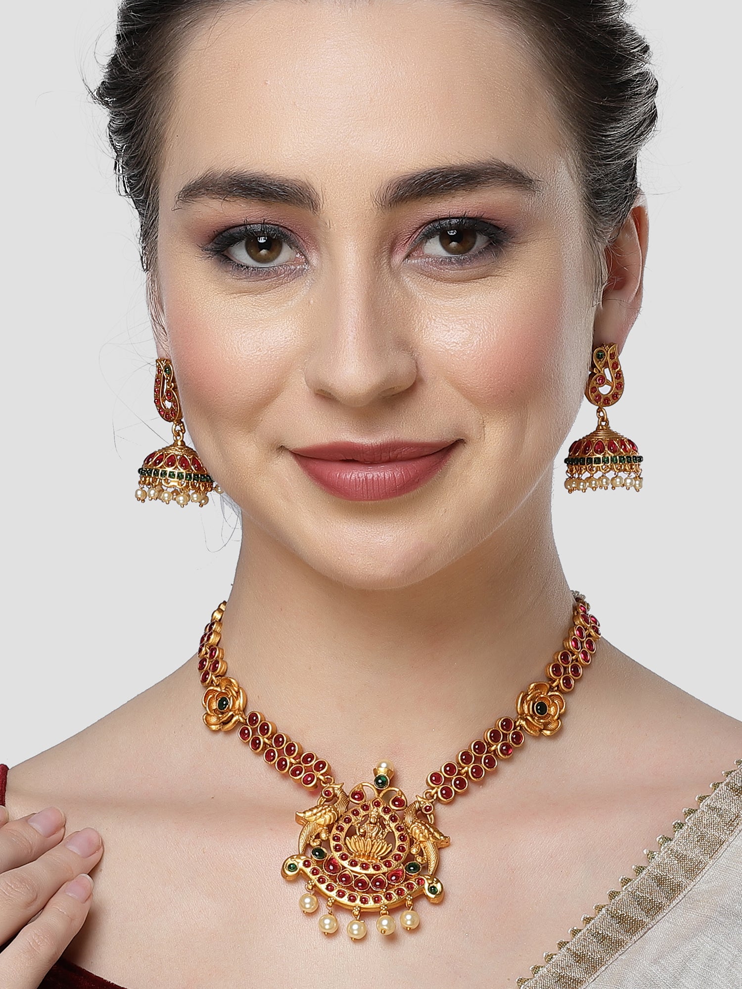 Karatcart Gold Plated Red Stones Laxmi Mata Temple Jewellery Set for Women - Image 1