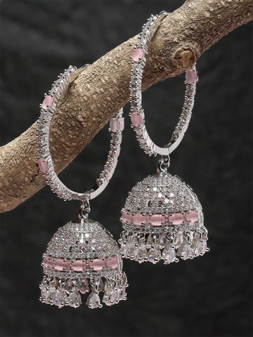 Karatcart Silver Plated Pink Cubic Zirconia Studded Hoop Jhumki Earrings for Women