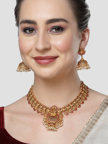 Karatcart Gold Plated Mata Laxmi and Peacock Design Temple Jewellery Set for Women