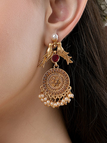 Karatcart Gold Plated Bird Design Red Stone Drop Earrings for Women