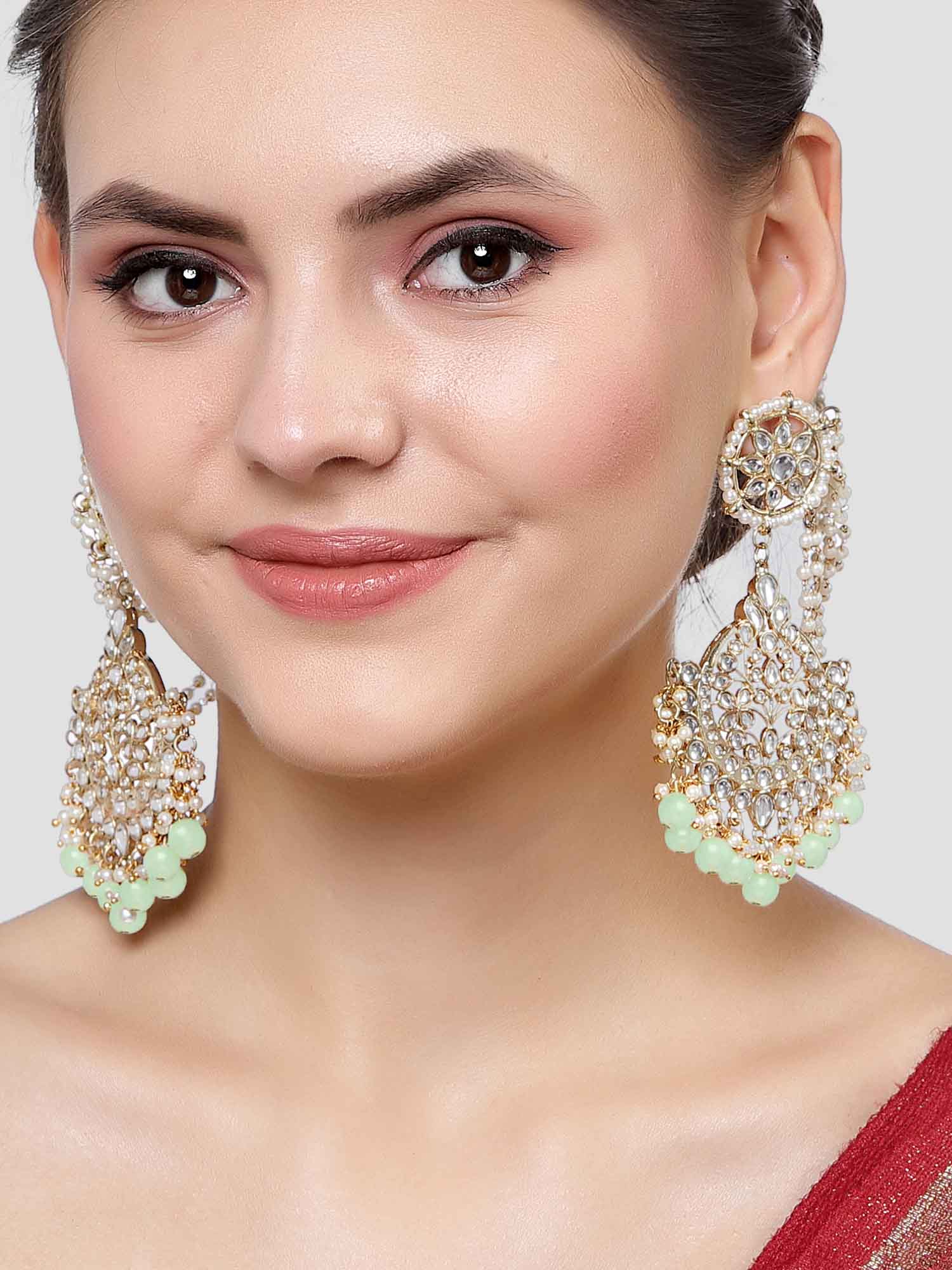 Karatcart Gold Plated Light Green Beads Kundan Kaanchain Earrings for Women