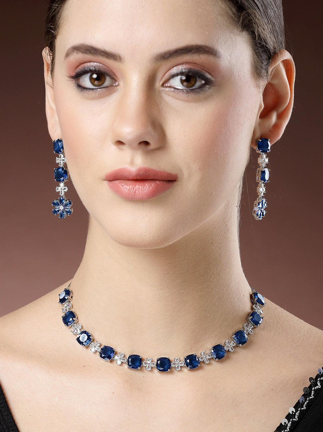 Karatcart Silver Plated Blue Floral Cubic Zirconia Studded Necklace Set for Women