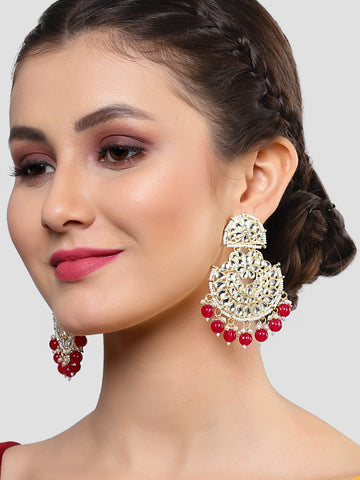 Karatcart Gold Plated Red Beads and Kundan Studded Dangler Earrings for Women