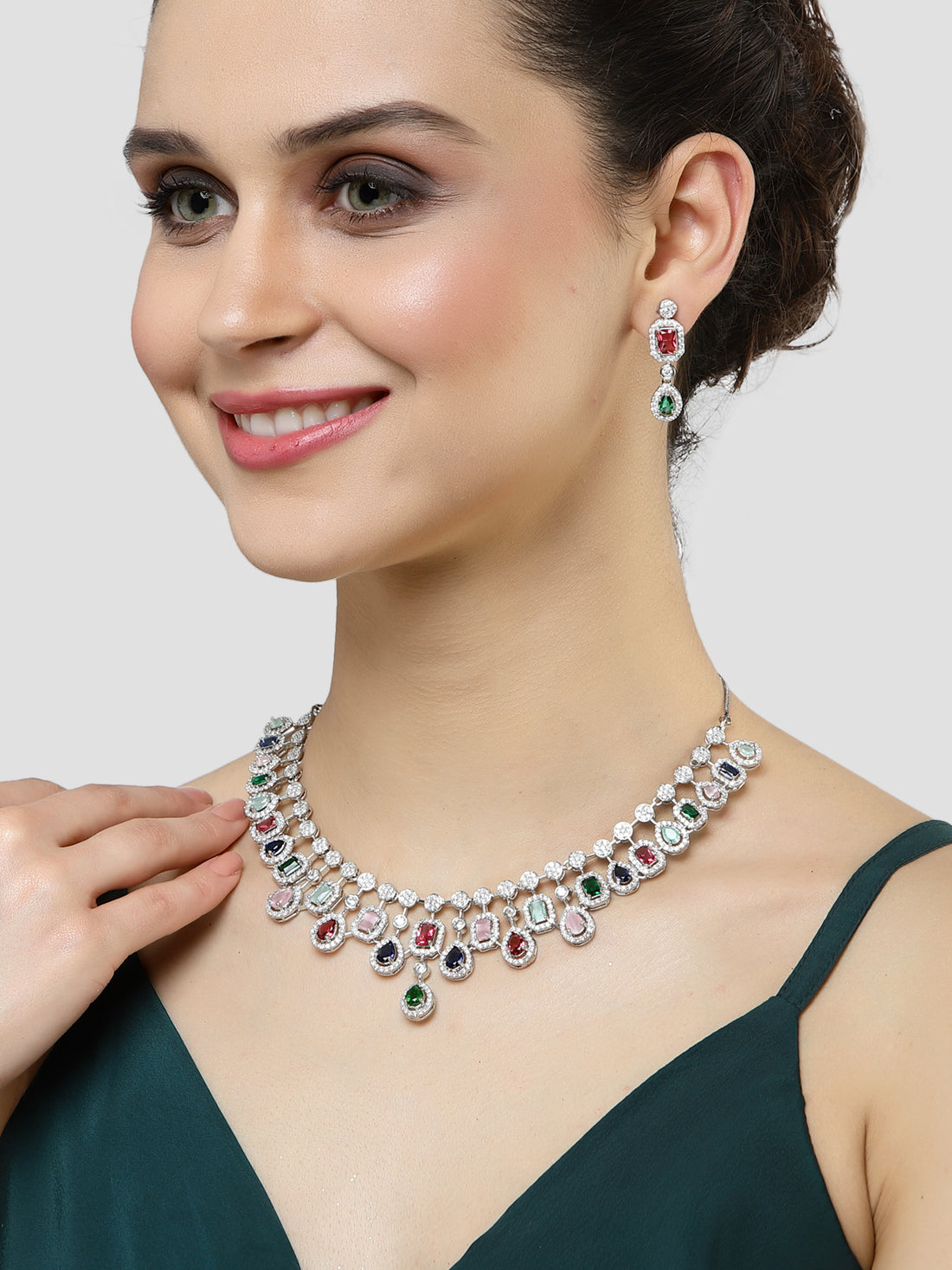 Karatcart Silver Toned Multicolor American Diamond and CZ Studded Jewellery Set for Women