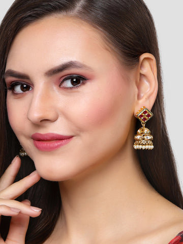 Karatcart Gold Plated Red Polki Kundan Studded Jhumki Earrings for Women