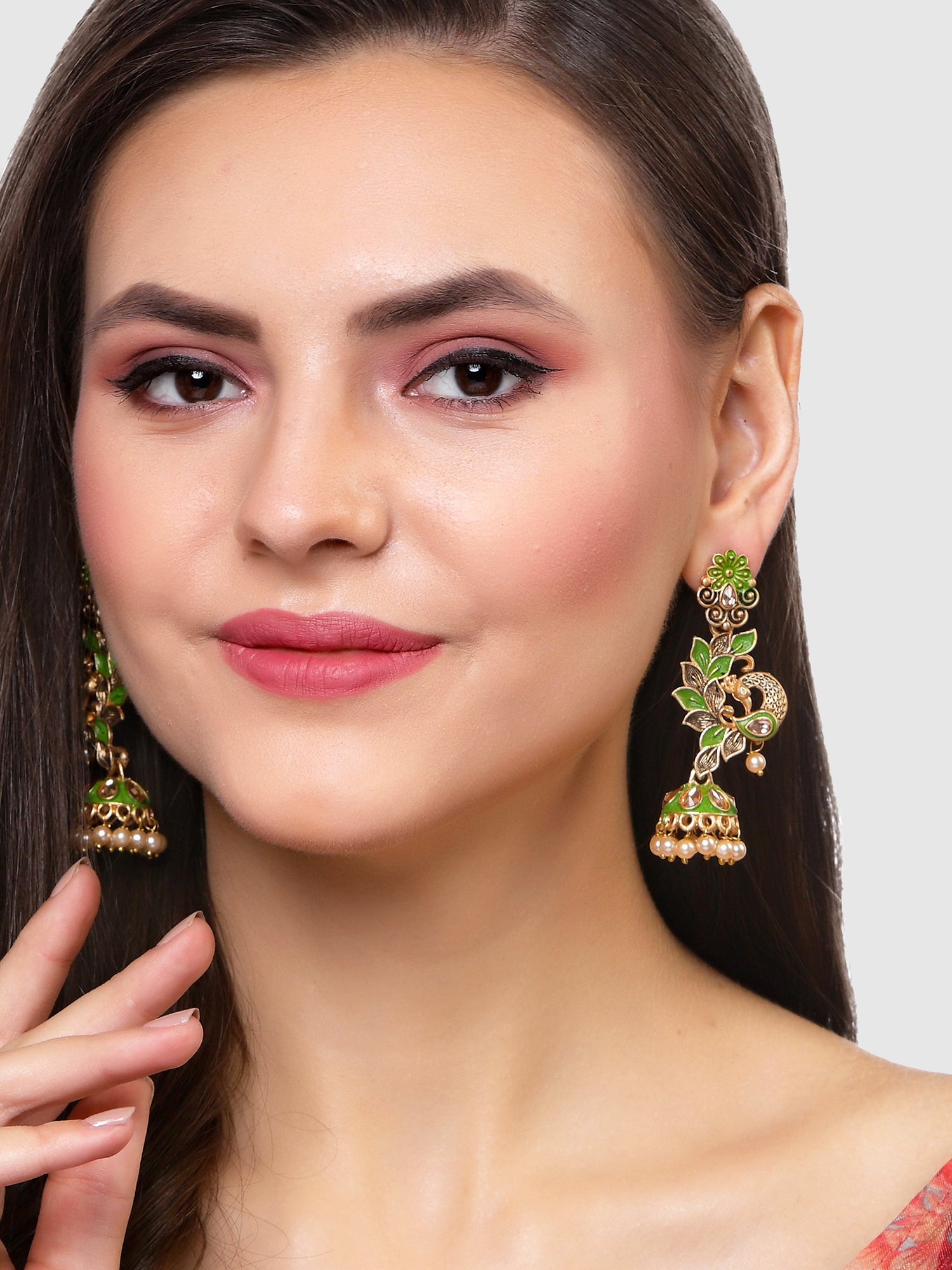 Karatcart Gold Plated Peacock Shape Light Green Kundan Dangler Jhumki Earrings for Women - view 2