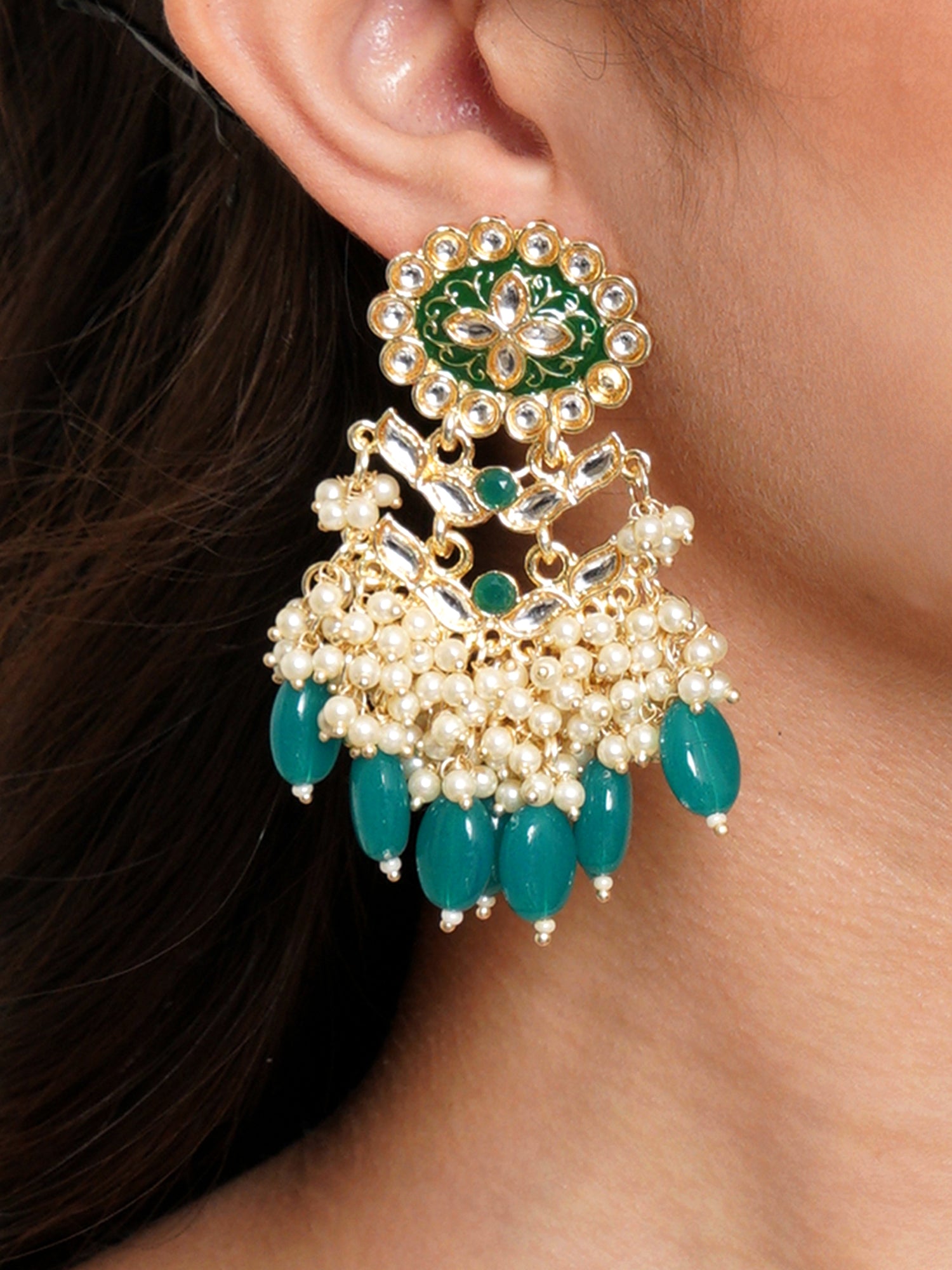 Karatcart Gold Plated Kundan Studded Green Meena and Tumble Dangler Earrings for Women - Image 1