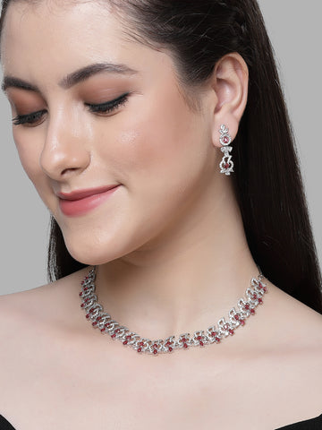 Karatcart Red Cubic Zirconia Studded Silver Plated Necklace Set for Women