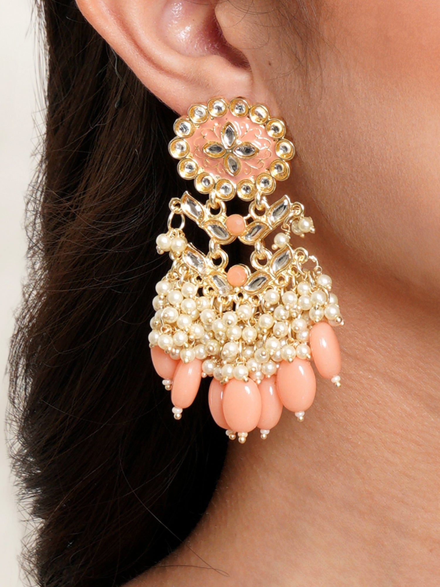 Karatcart Gold Plated Kundan Studded Peach Meena and Tumble Dangler Earrings for Women - Image 1