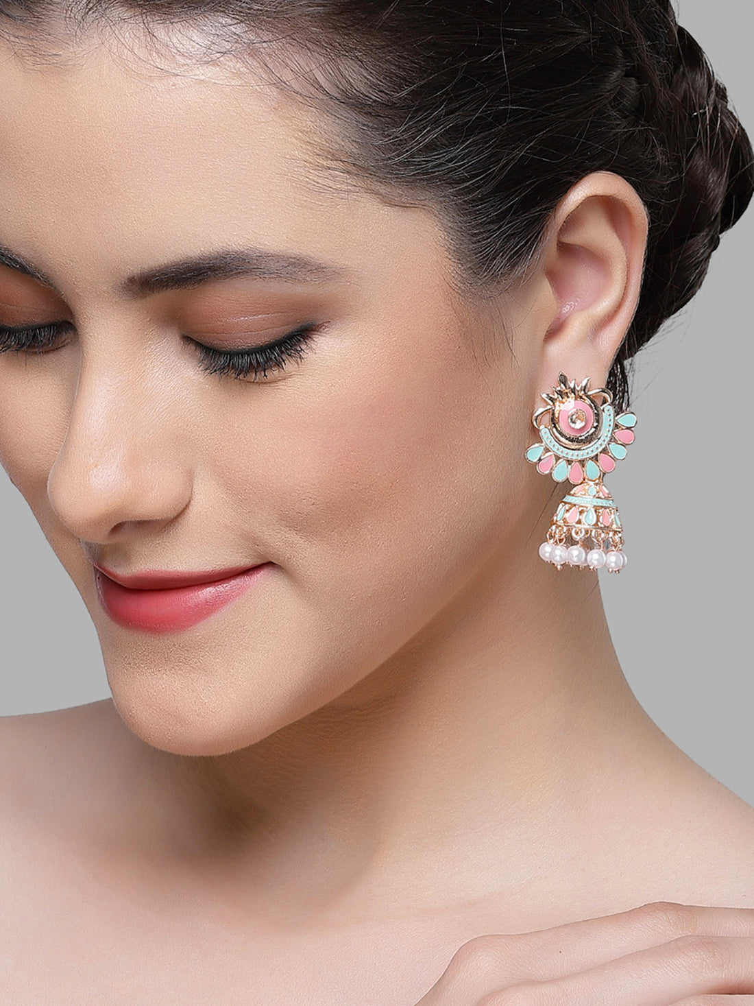 Karatcart Rose Gold Plated Pink and Light Blue Meena Jhumki Earrings for Women