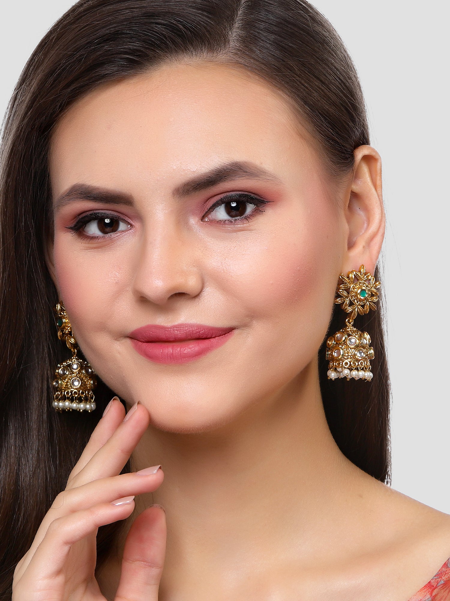 Karatcart Gold Plated Green Floral Polki Kundan Studded Jhumki Earrings for Women - view 2