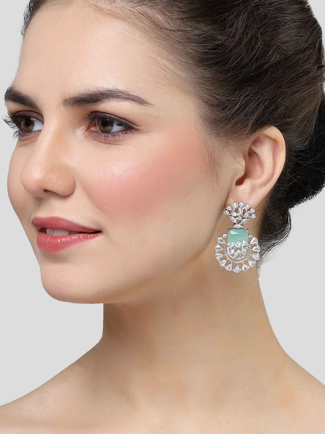 Karatcart Silver Toned Lime-Green Cubic Zirconia Studded Drop Earrings for Women