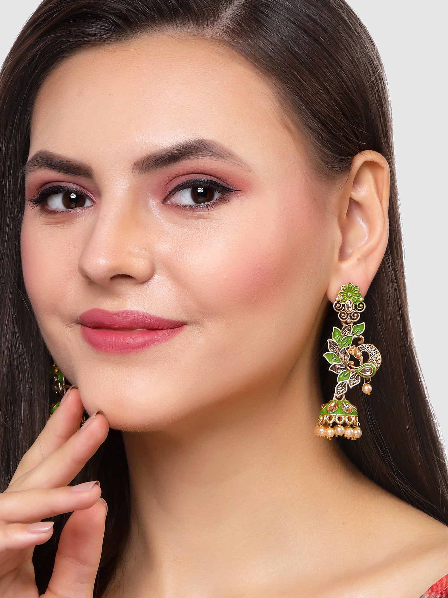 Karatcart Gold Plated Peacock Shape Light Green Kundan Dangler Jhumki Earrings for Women - Image 1