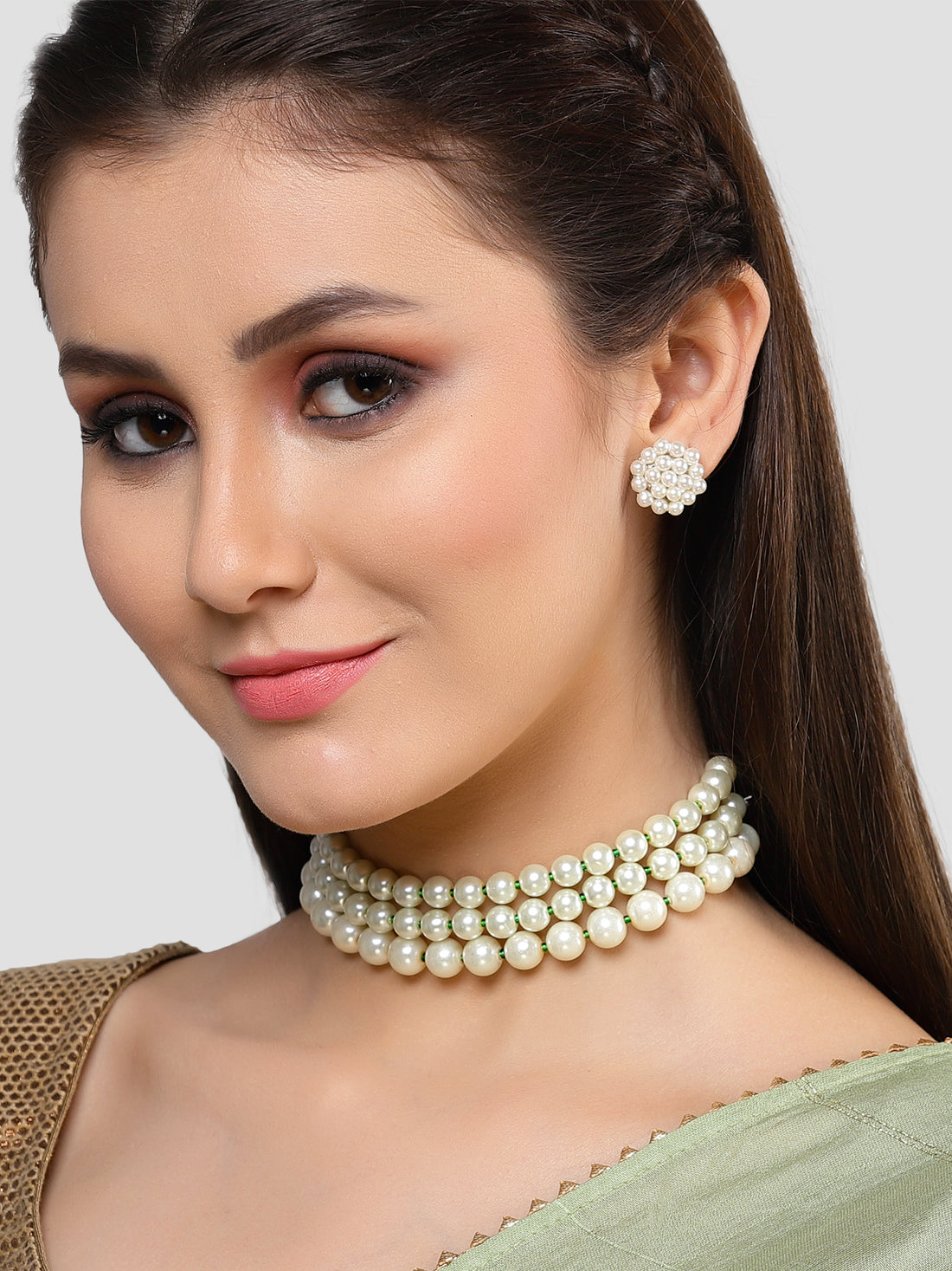 Karatcart Gold Plated White Pearl Beaded Kundan Choker Necklace Set for Women