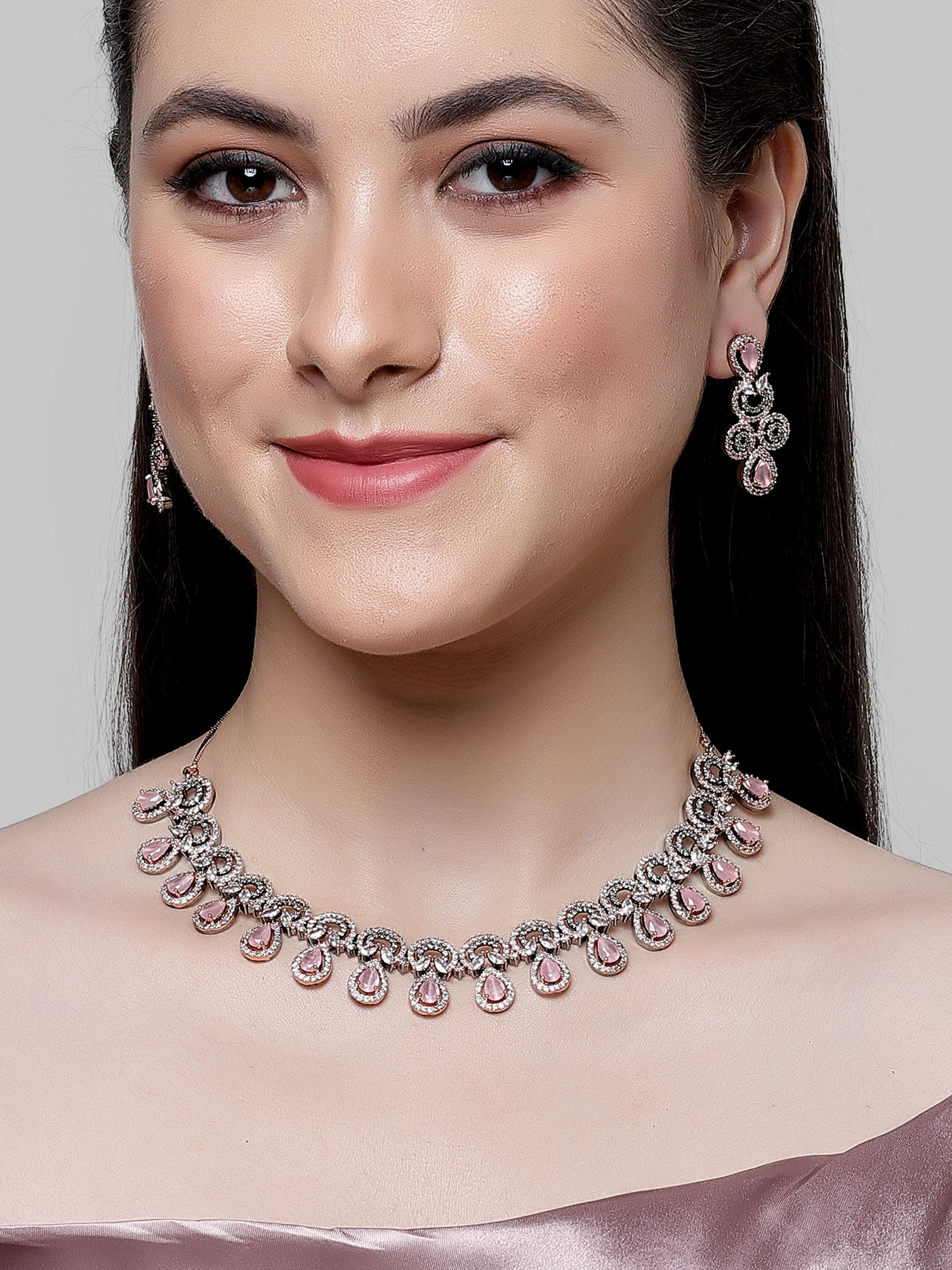 Karatcart Black and Rose Gold Plated Pink Cubic Zirconia Necklace Set for Women - Image 1