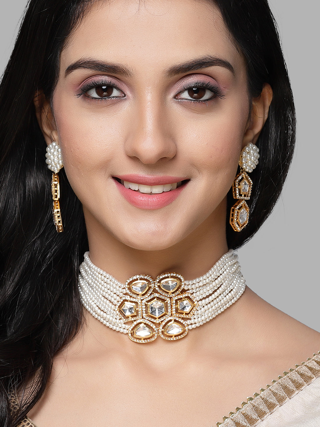 Karatcart Gold Plated Pearl Beaded Polki Kundan Choker Necklace Set for Women