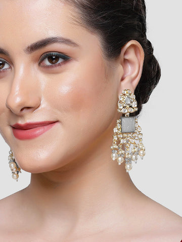 Karatcart Gold Plated Grey Carved Stone Kundan Drop Earrings for Women