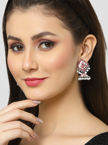 Karatcart Silver Plated Pink Meena Jhumki Earrings for Women