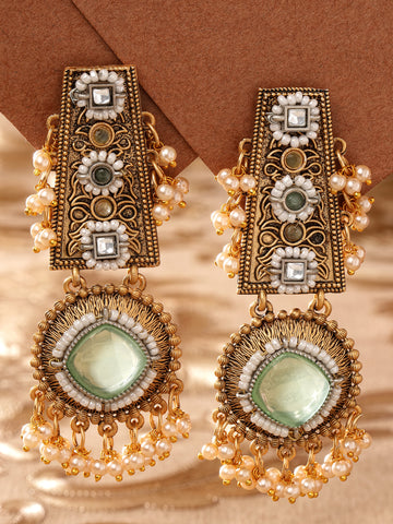 Karatcart Gold Plated Lime Green Stone Floral Design Kundan Drop Earrings for Women