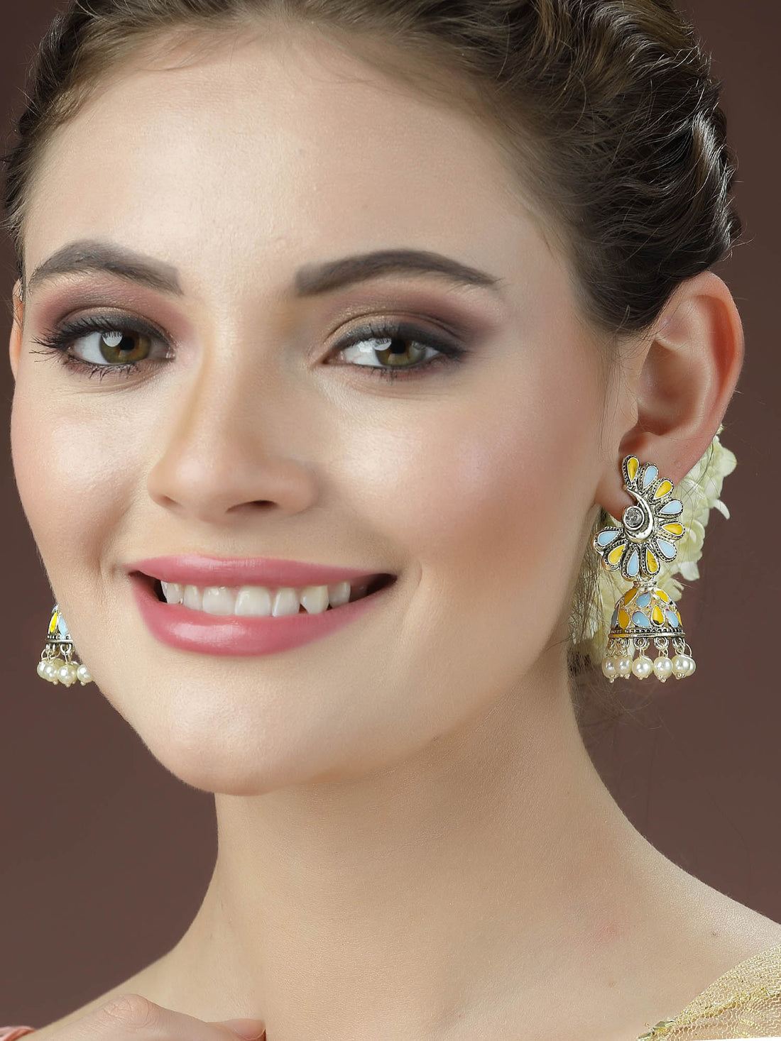 Karatcart Gold Plated Light Blue and Yellow Meena Jhumki Earrings for Women