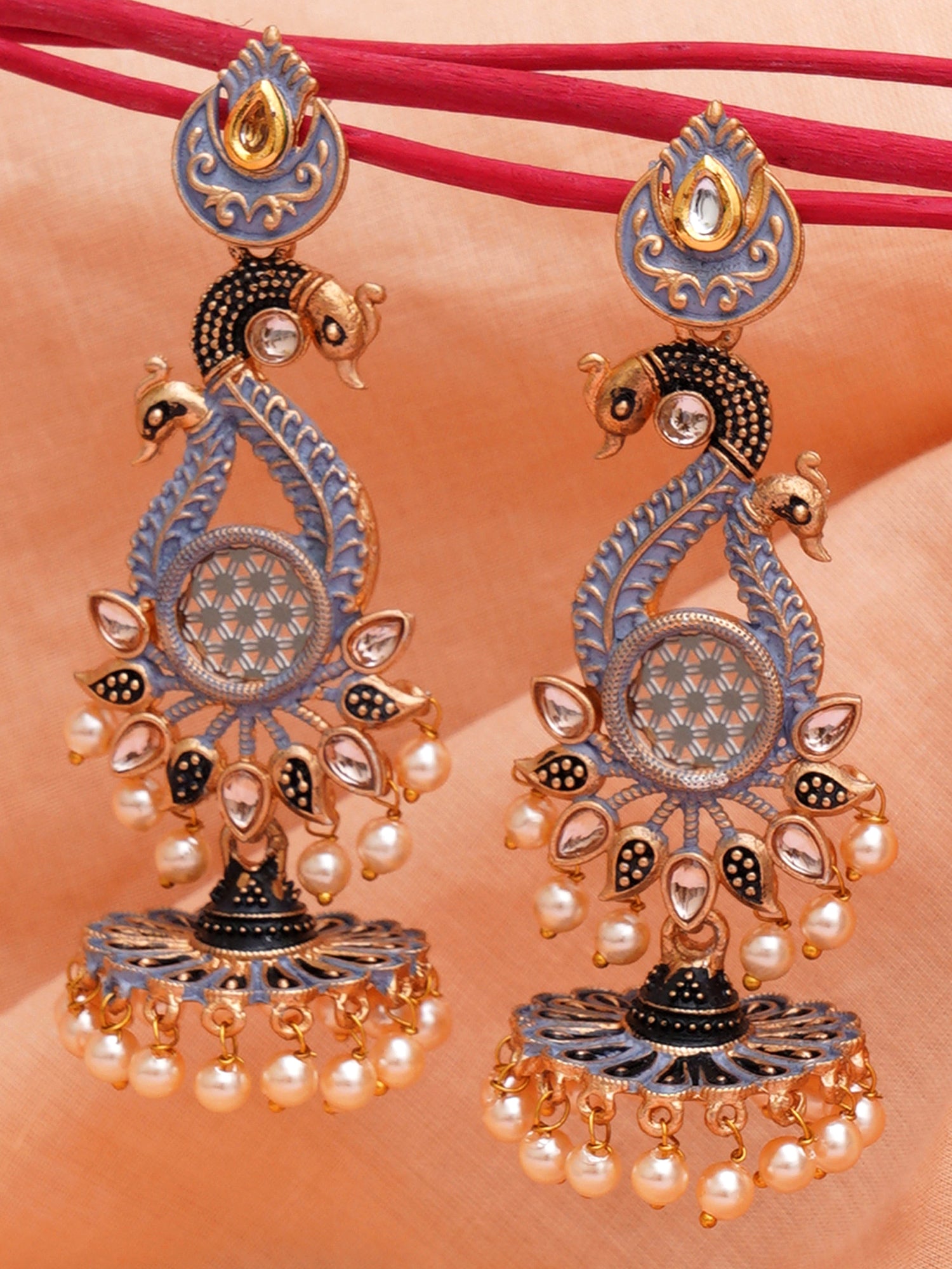 Karatcart Antique Gold Plated Kundan Studded Grey Meena Peacock with Flat Jhumki Dangler Earrings - view 3