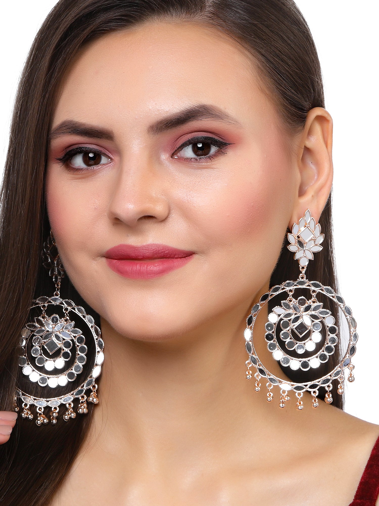 Karatcart Rose Gold Plated Mirror Studded Round Shape Dangler Earrings for Women - view 2