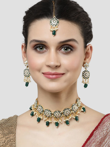 Karatcart Women Gold Plated Green Meena And Tumble Studded Kundan Necklace Set