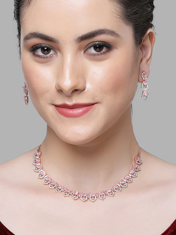 Karatcart Rose Gold Plated Pink Cubic Zirconia Necklace Set for Women