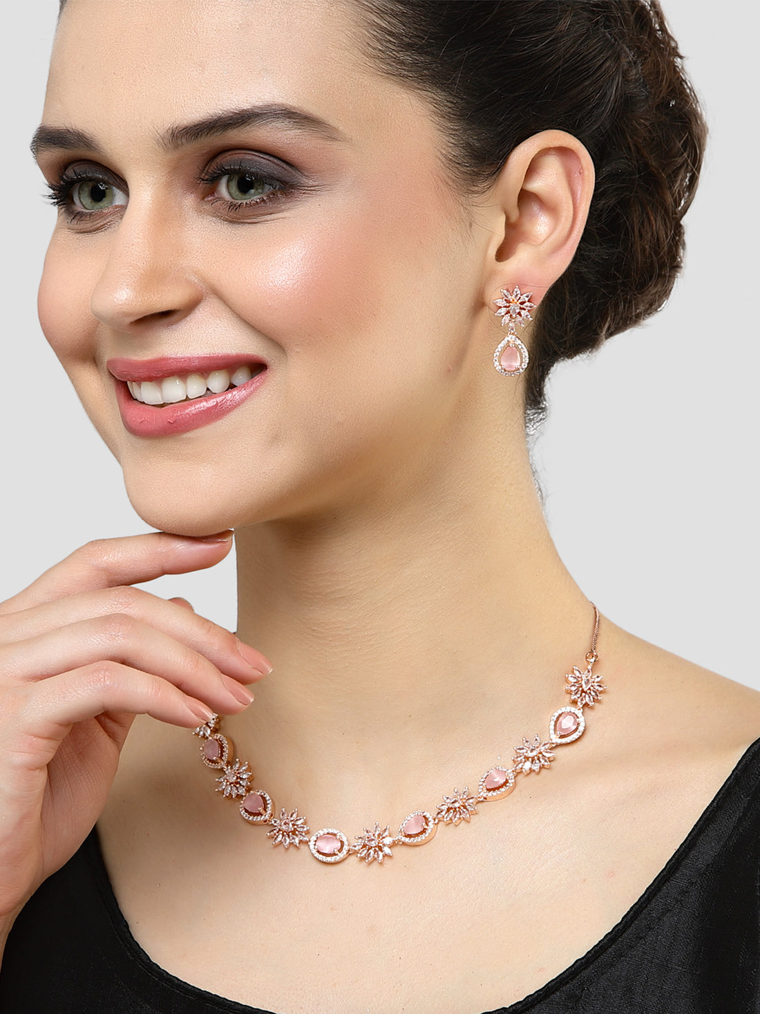 Karatcart Floral Design Pink Cubic Zirconia Studded Rose Gold Plated Necklace Set