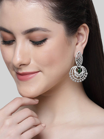 Karatcart Silver-Plated Green Cubic Zirconia Studded Drop Earrings for Women