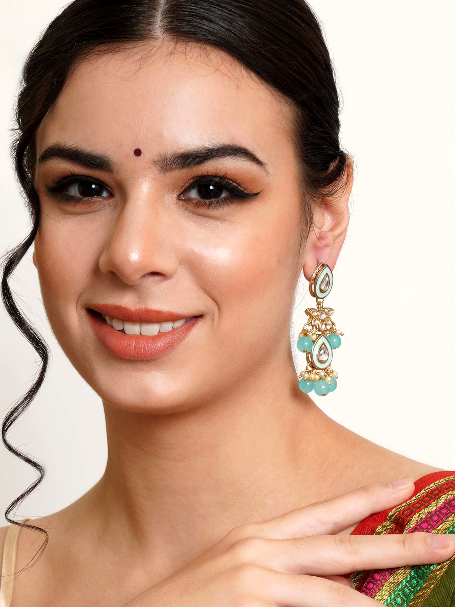 Karatcart Gold Plated Light Blue Meena Kundan Drop Earrings for Women - view 2