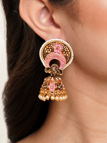 Karatcart Antique Gold Plated White Beaded Pink Floral Jhumki Earrings for Women