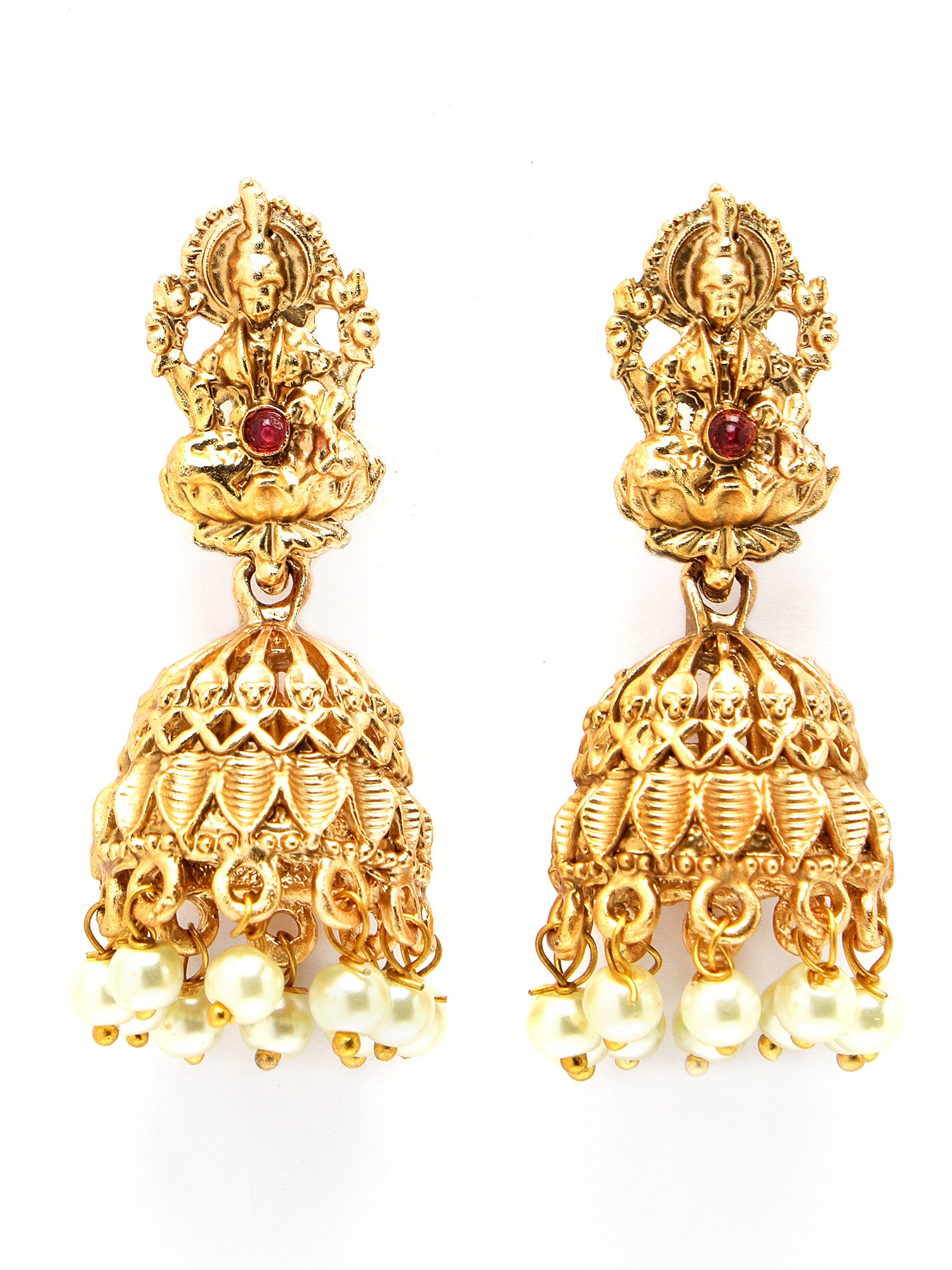 Karatcart Gold Plated Red Stone Floral Design Rani Haar Temple Jewellery Set for Women - view 6