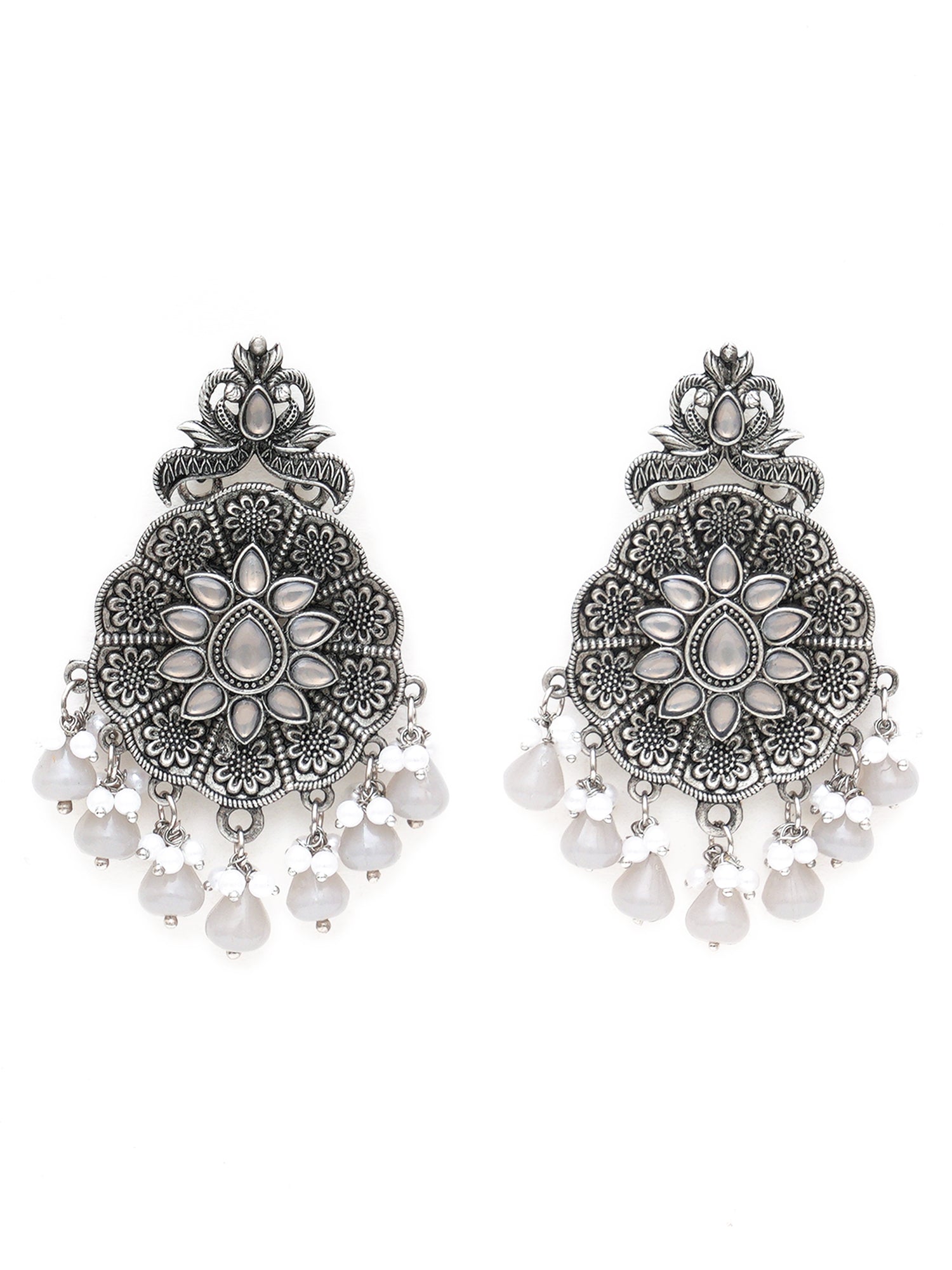 Karatcart Oxidised Silver Grey Monalisa Stone Studded Floral Dangler Earrings for Women - view 4