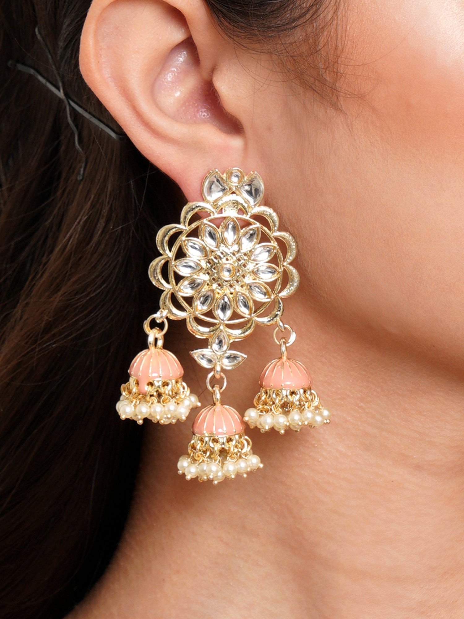 Karatcart Gold Plated Kundan Studded Peach Meena Triple Jhumki Earrings for Women - Image 1