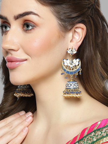 Karatcart Gold Plated Blue and White Meena Kundan Jhumki Earrings for Women