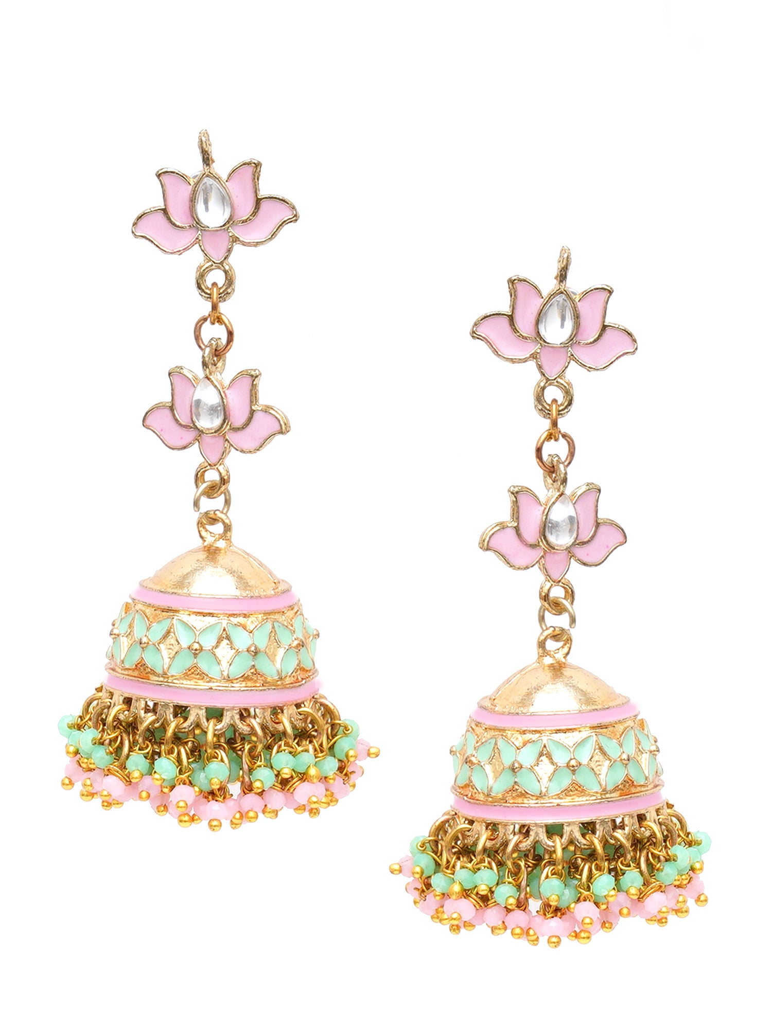Karatcart Gold Plated Pink and Light Green Crystal Kundan Jhumki Earrings for Women - view 3