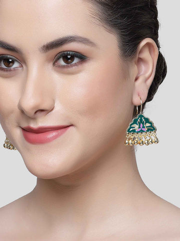 Karatcart Gold Plated Green Meena Peacock Design Drop Earring for Women