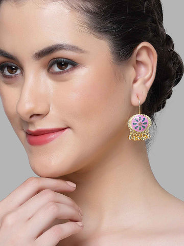 Karatcart Gold Plated Pink and Blue Meena Floral Drop Earring for Women