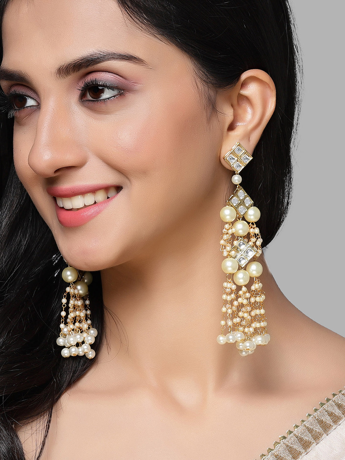 Karatcart Gold-Plated Square Kundan and Pearl Drop Earring for Women