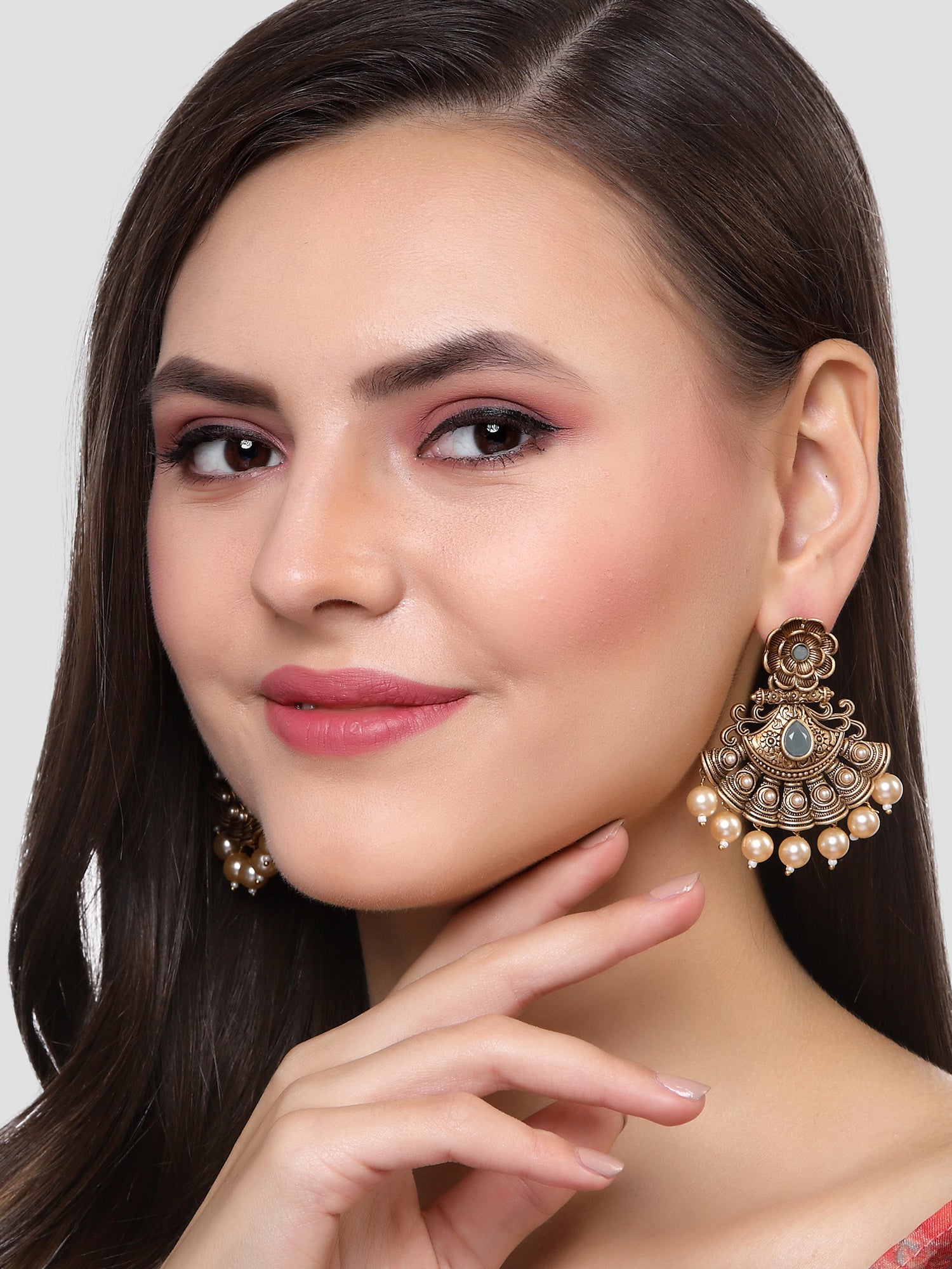 Karatcart Gold Plated Grey Stone and Pearl Studded Dangler Earrings for Women - Image 1