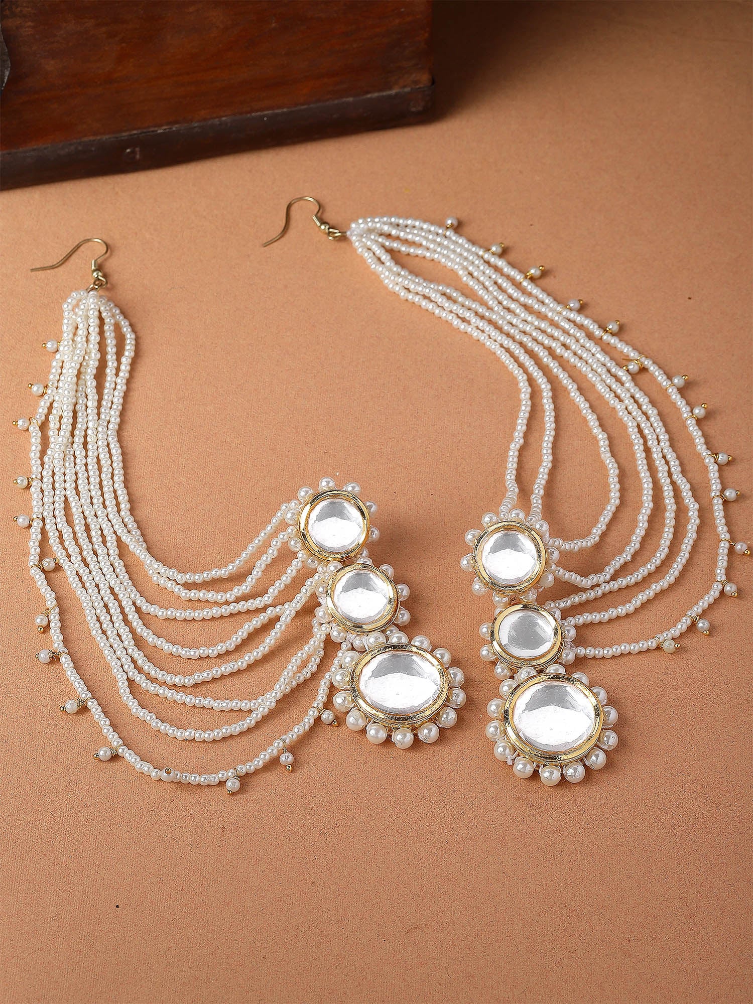 Karatcart Gold Plated Polki Kundan Pearl Kaanchain Earrings for Women - view 3