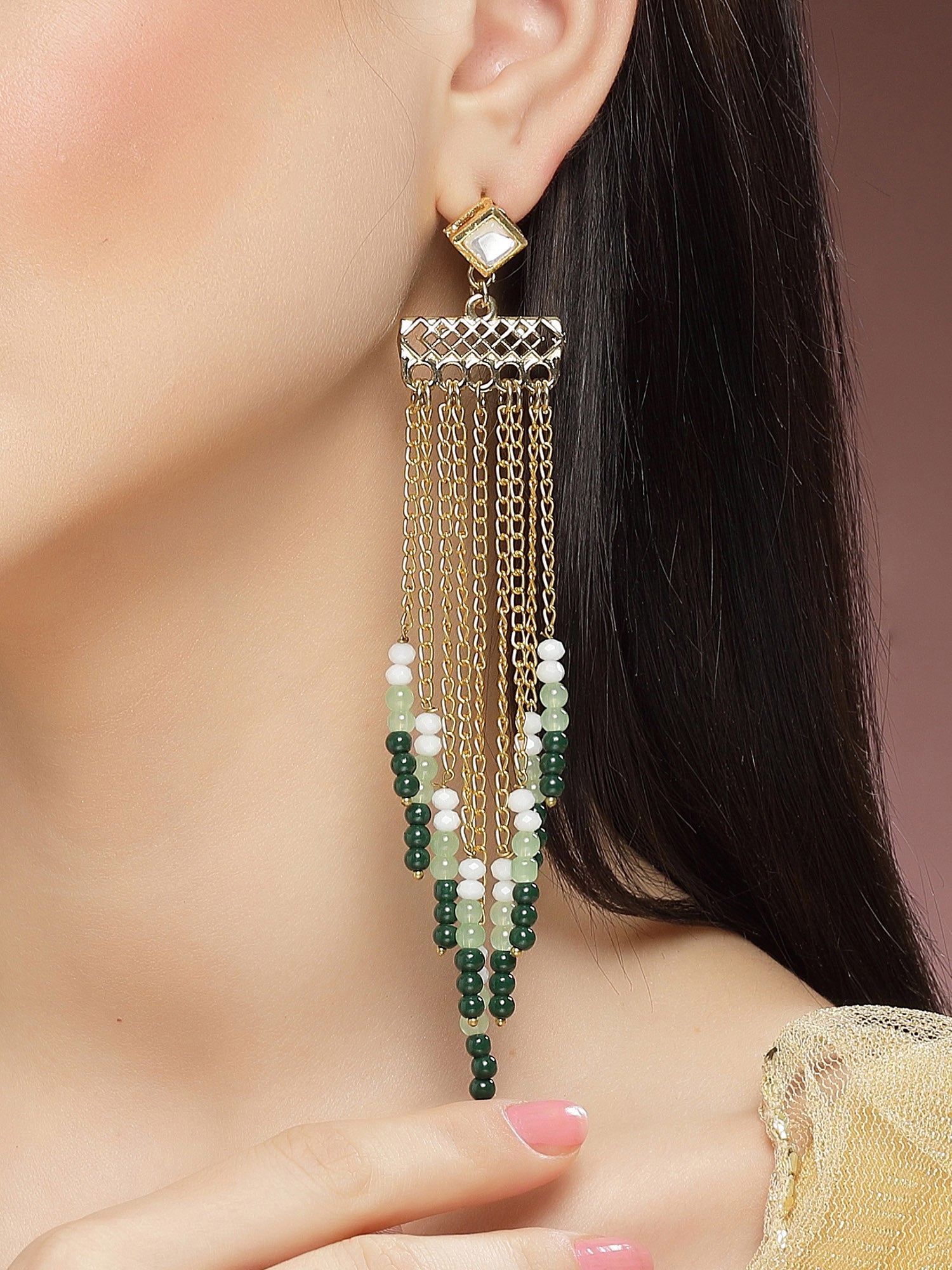 Karatcart Gold Plated Green Beads Kundan Drop Earrings for Women - Image 1
